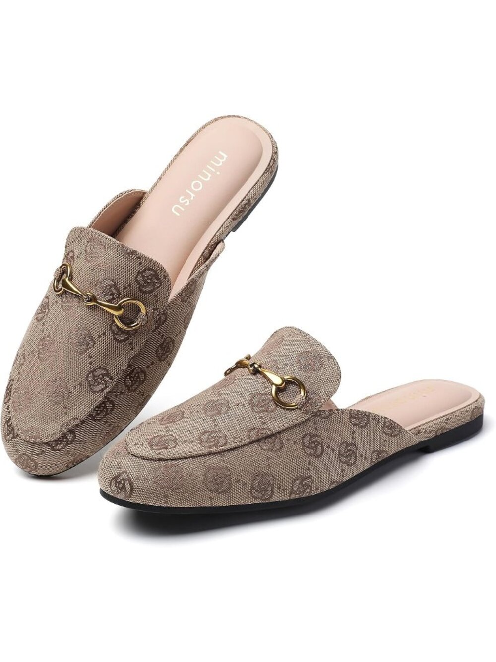 Women's Khaki Slip on Round Toe Backless Slides Casual Buckle Flat Loafers Shoes